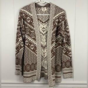 Hippie Rose Aztec Brown White Open Front Cardigan Medium Boho Southwest
